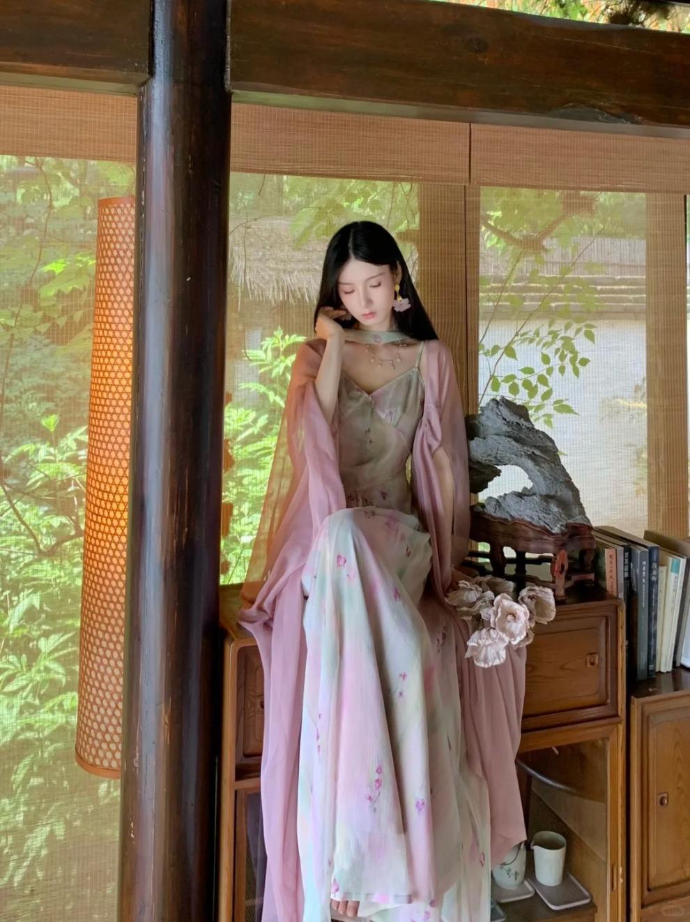 Cool Beauty Lotus Color Fairy-like Summer Atmosphere Cape Blouse Jacket Floral Strap Long Dress Set