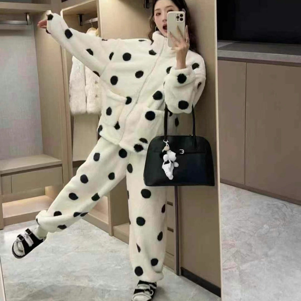 Cute Polka Dot Couple Homewear Autumn Winter Coral Fleece Thickened Zipper High Neck Homewear Set Suitable for Outerwear