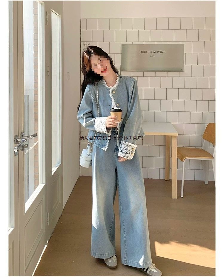 Lace patchwork denim wide-leg pants set for women spring and autumn2025The new two-piece set is absolutely stunning and super trendy