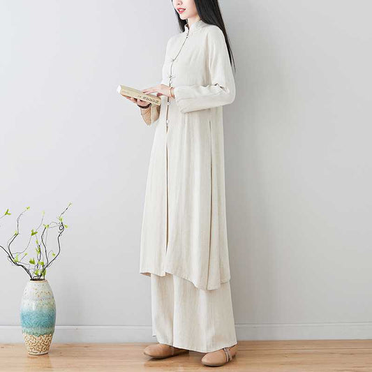Real Shot 2024Linen Tea Clothing Spring and Autumn Zen Style Layperson Clothing Hanfu Chinese Style Tang Suit Set