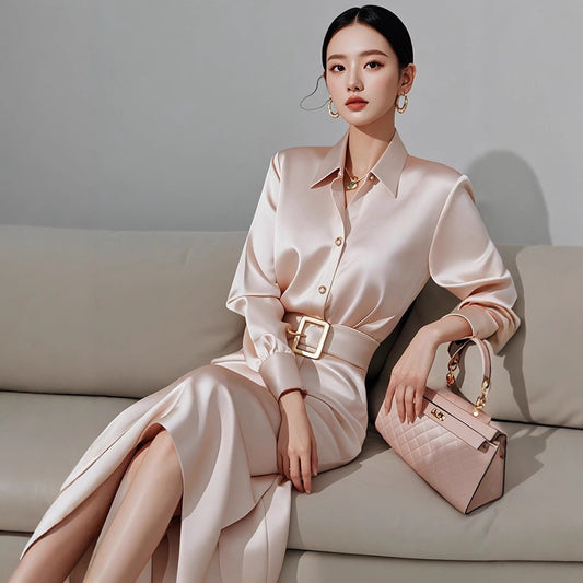 2025Spring French Style for Important Occasions Elegant and High-End Champagne Color Shirt Dress