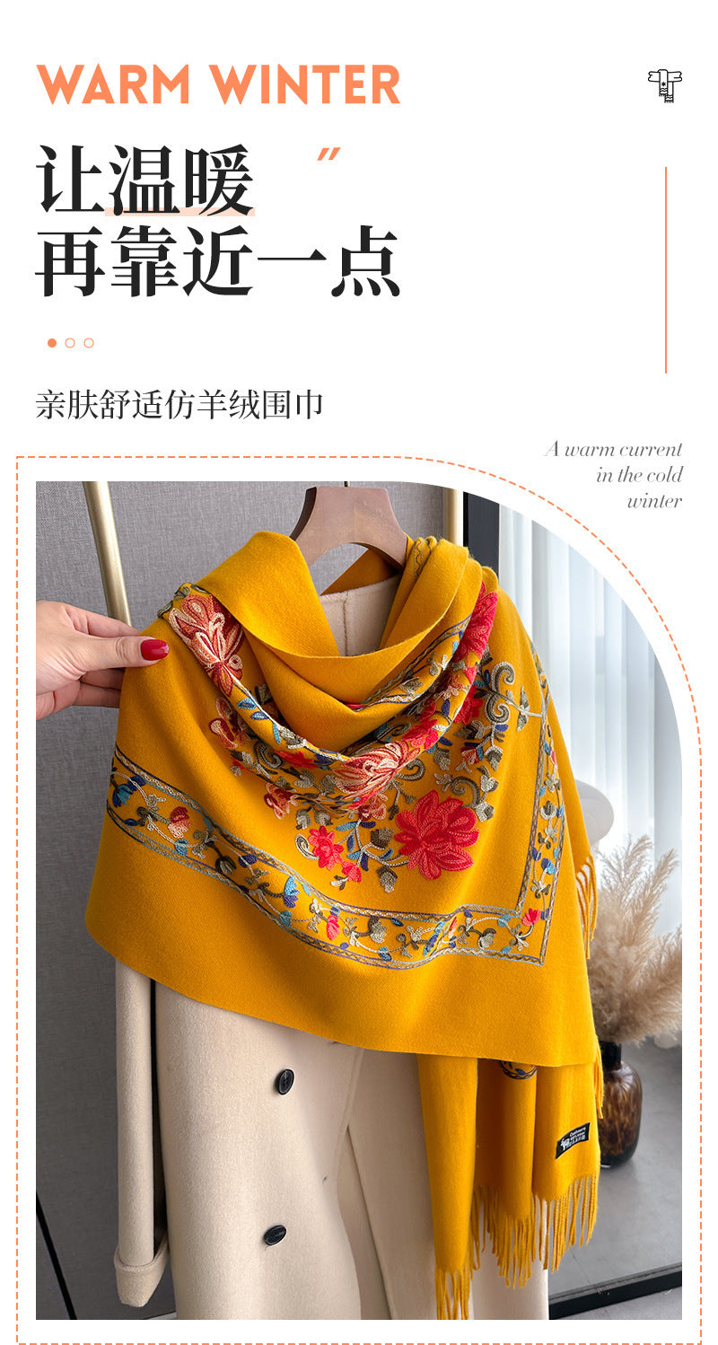 Bright Red Gold Thread Embroidered Scarf for Women Winter Versatile Wool Thickened Warm Cashmere Large Shawl for Women Dual-use Outerwear
