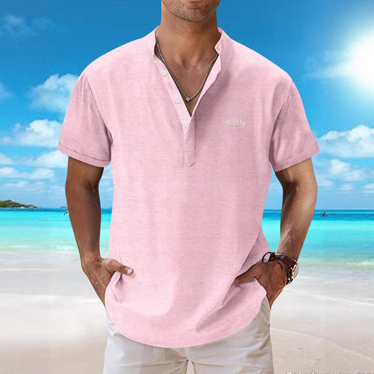 2025New retro loose textured woven shirt for men2025Summer New Stand Collar T Breathable Short Sleeve T-Shirt