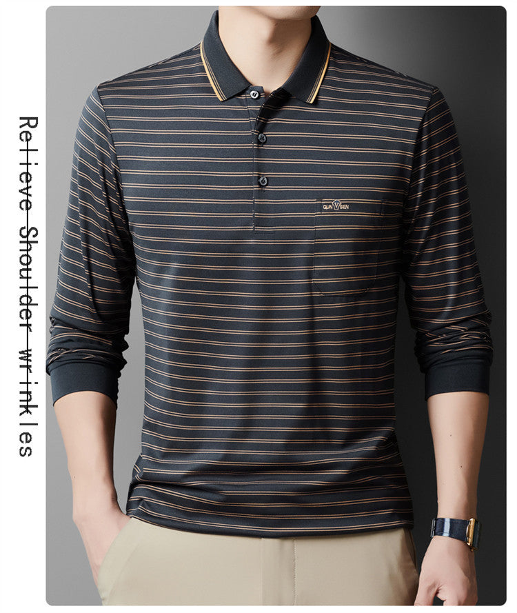 Autumn Men's Long Sleeve Cotton t Shirt for Middle-aged Dad Autumn Outfit with Turn-down Collar and Stripes POLO Base Layer Shirt T Grandpa's clothes