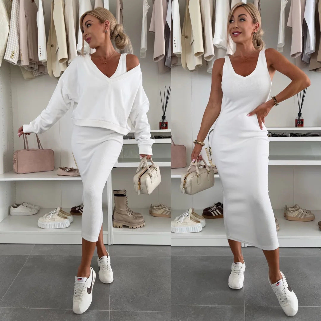 Amazon European and American Cross-Border New Spring Summer Women's Solid Color Clothing V Collar Long Sleeve Sweater Sling Slim Fit Long Dress2Set