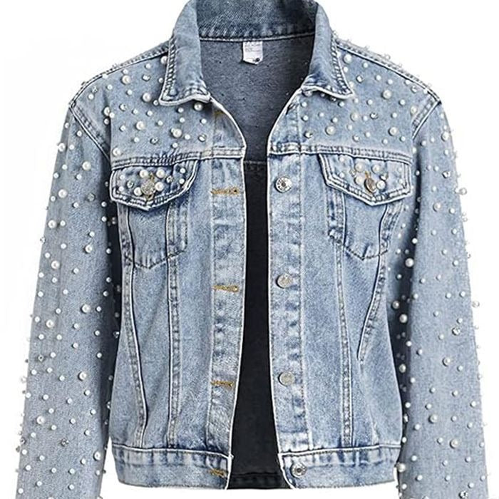 Cross-Border Amazon ebay European and American Style Pearl Denim Jacket Short Rhinestone Denim Jacket Coat Top
