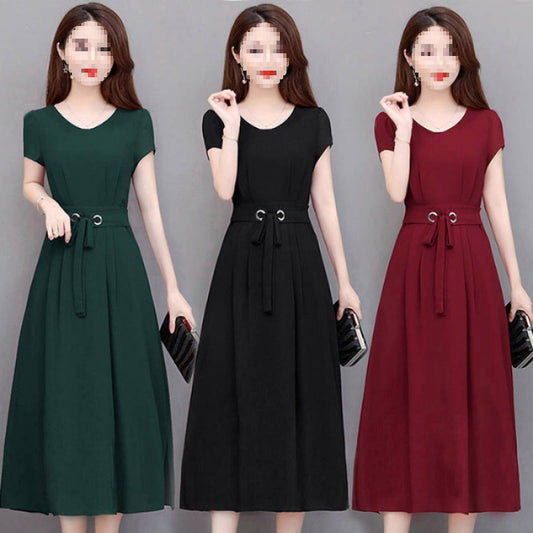 Cross-Border Hot-Selling Trendy Plus Size Loose Dress Short Sleeve Summer Mid-Length Belted Slimming Solid Color A