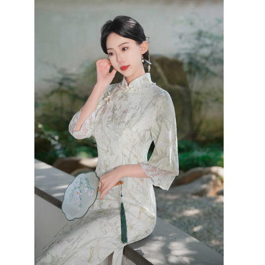 Vintage Cheongsam Improved Version Dress with Oversized Sleeves Elegant Artistic Long Style2025Spring and Summer New Wholesale