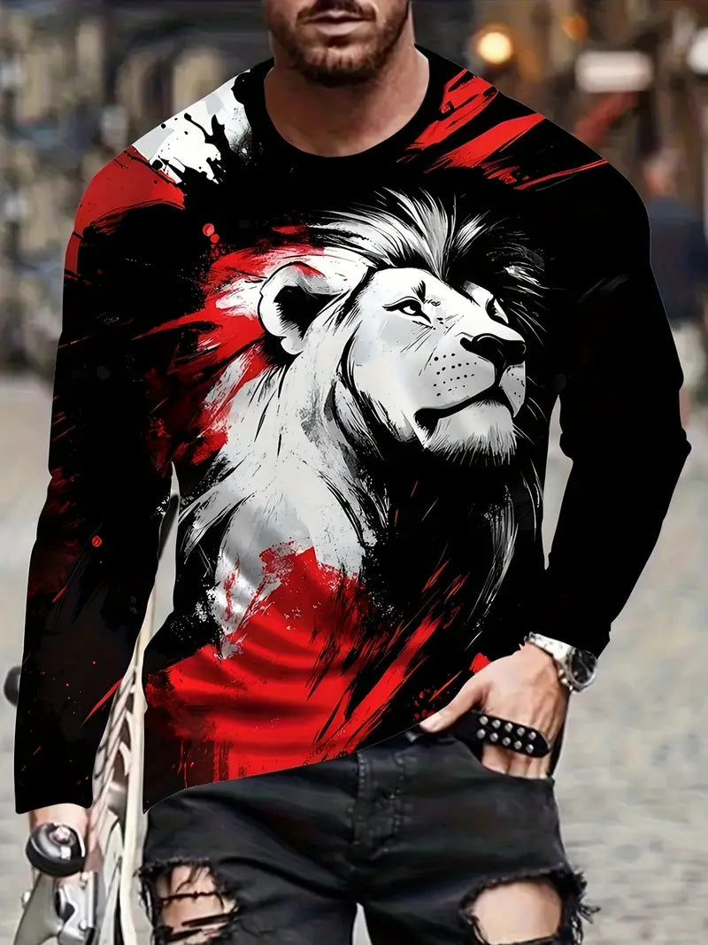 European and American Cross-Border Amazon Foreign Trade Men's Animal Fashion3D Digital Printing Casual Round Neck Long Sleeves T T-Shirt Wholesale