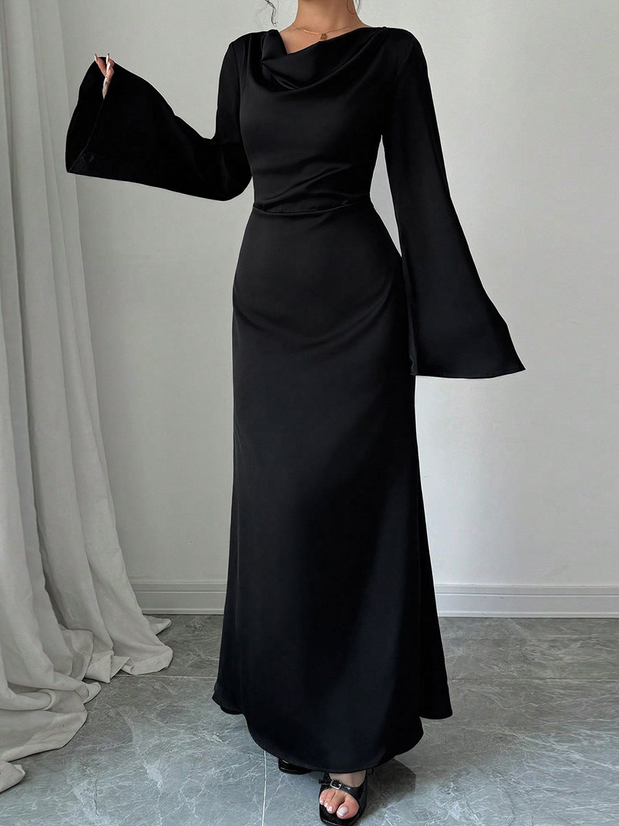Pear-shaped Body Wear Women's Long-sleeved Loose Belted Waist Black Long Dress High-end Sense of Temperament Style Dress for Women