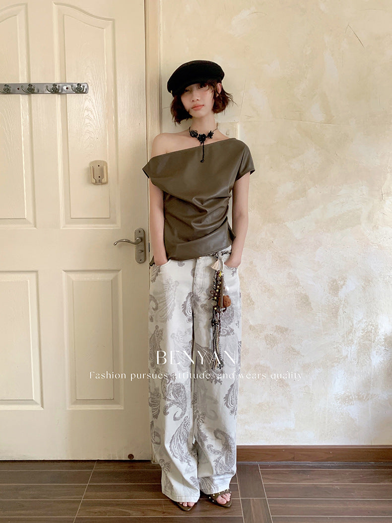 Original text Thirteen Lines Autumn Loose Retro Print Versatile Casual Jeans for Women【Includes Waist Belt】82285