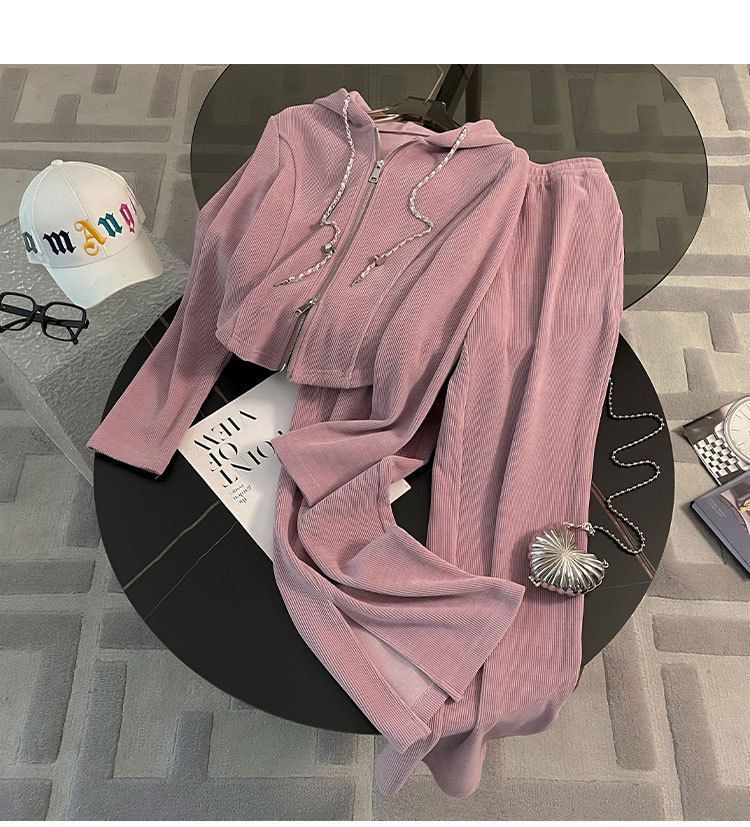 Casual Sports Suit for Women, Spring and Autumn New Loose Short Hooded Top with Draped Split Wide-Leg Pants Two-Piece Set