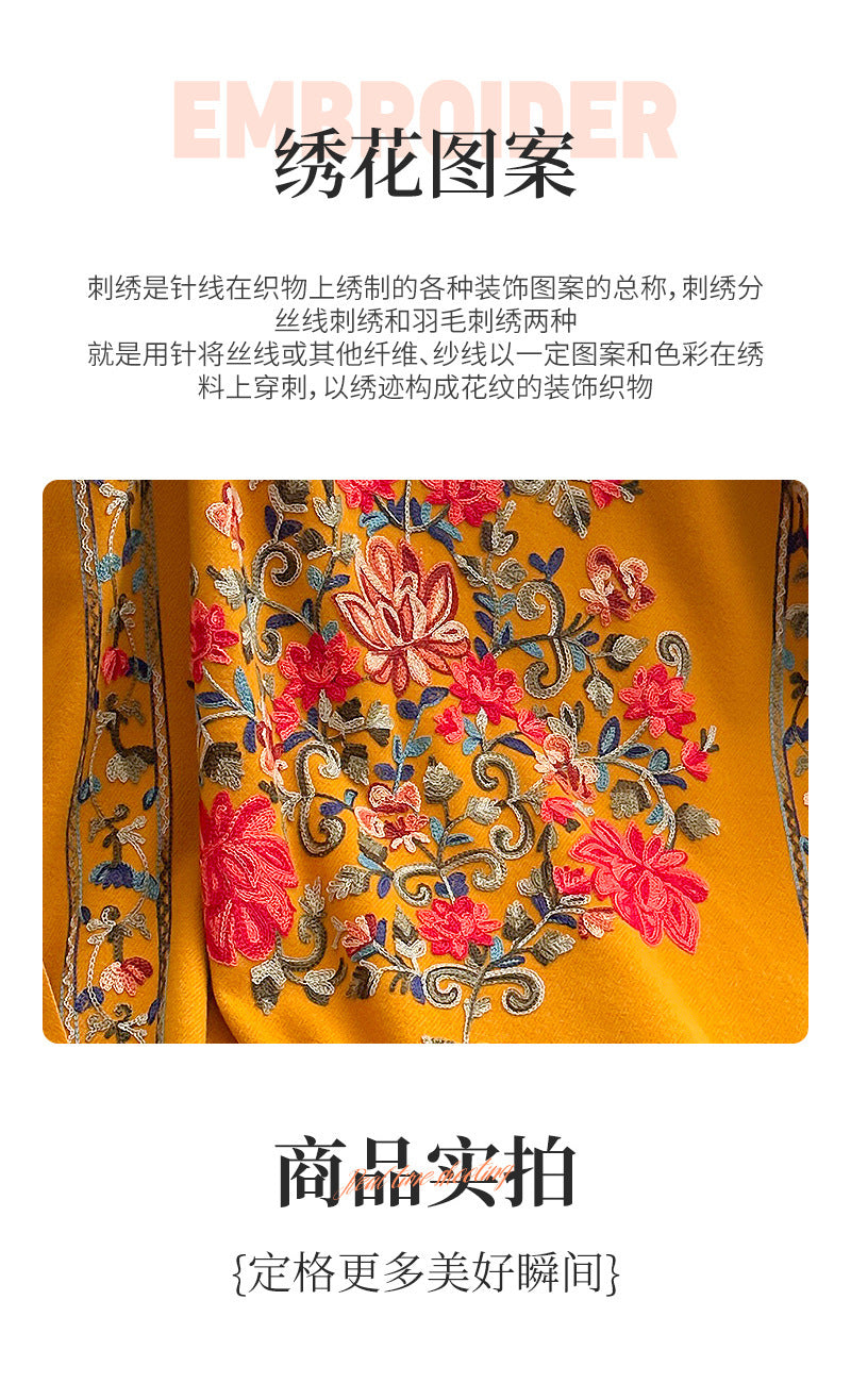 Bright Red Gold Thread Embroidered Scarf for Women Winter Versatile Wool Thickened Warm Cashmere Large Shawl for Women Dual-use Outerwear