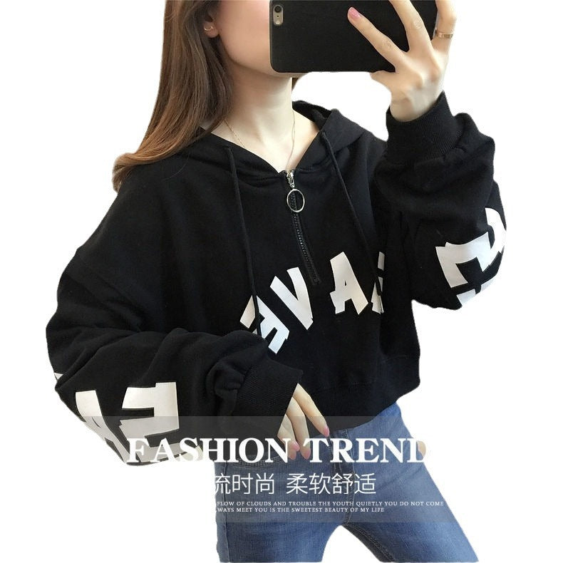 Half Zipper Hooded Short Petites Sweatshirt Women2025New Early Autumn Thin High-Waisted Stylish Streetwear Jacket Trend