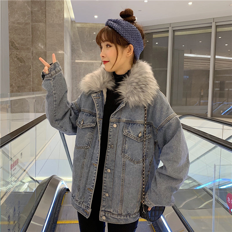 Cross-Border2022Winter New Korean Style Loose Thickened Fleece Rabbit Fur Inner Large Fur Collar Denim Jacket Women's Cotton Coat