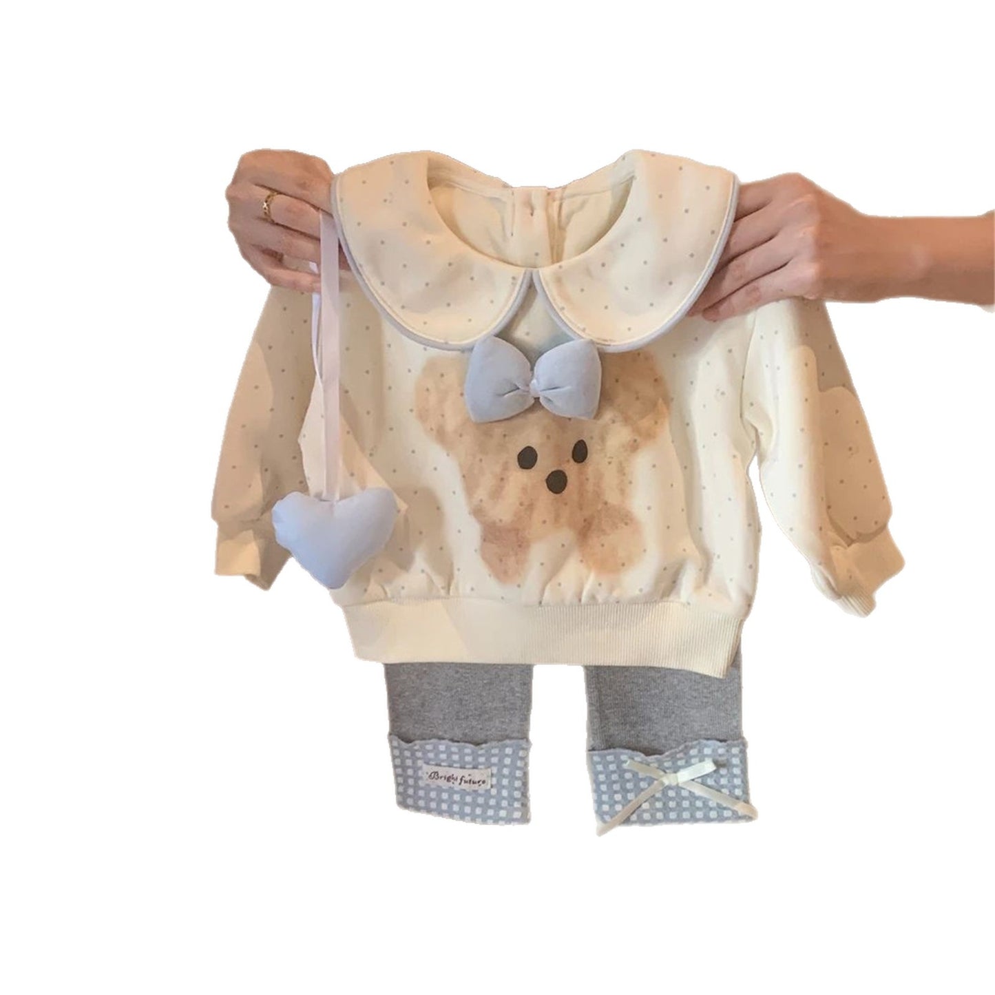 Sweet Little Girl Outfit Set for Spring and Autumn, New Fashionable Bear Doll Collar Sweatshirt with Plaid Patchwork Base for Baby Girls