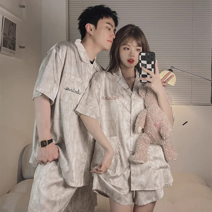 Wholesale Thin Couple Pajamas for Women Spring Autumn Summer Ice Silk Homewear Summer Men's Hot Short Sleeve Shorts Set