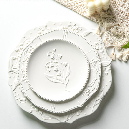 American Relief Lily of the Valley Series Lace Ceramic Western Pasta Plate Pastry Dessert Plate Deep Plate Household Dish Plate