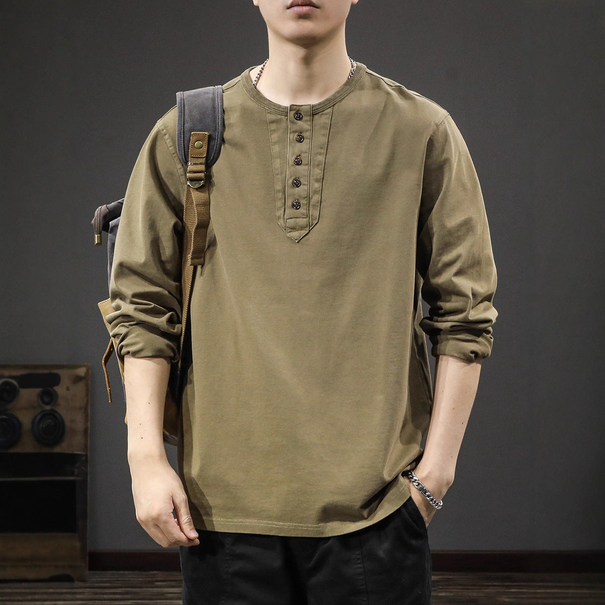 2025New casual men's pure cotton long sleeves t Loose Thin Spring Autumn Trendy Brand Henley Collar Base Shirt Sweatshirt