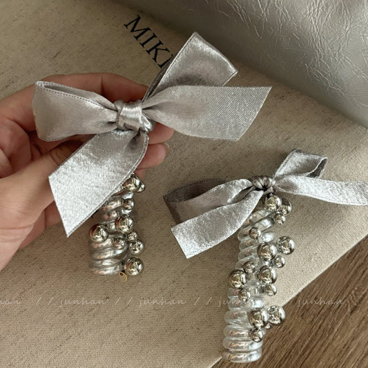Korean Style Silver Bow Hair Tie Beaded Telephone Wire Hair Rope Ponytail Holder Sweet Bubble Braid Hair Styling Tool