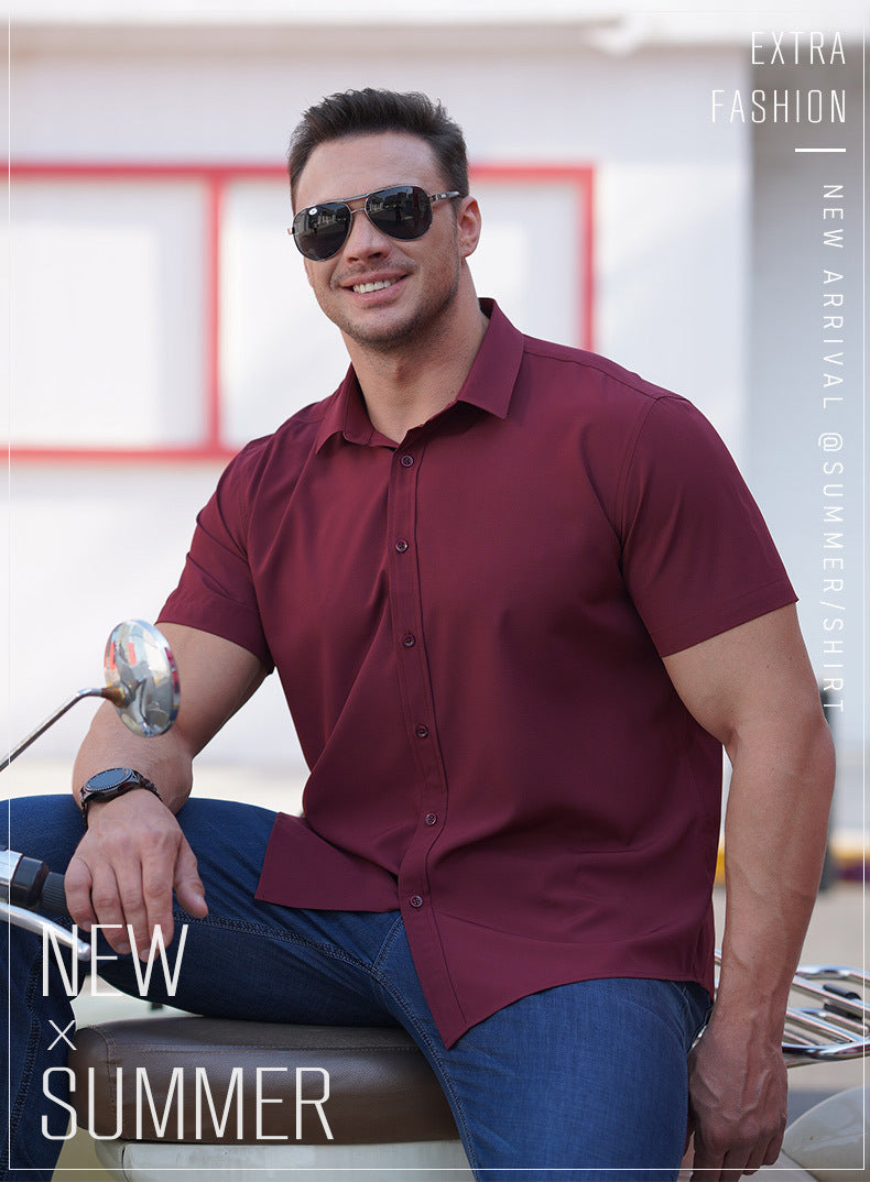 Plus Size Men's Clothing Fat Guy Summer Thin Short Sleeve Shirt Fat Brother Business Casual Loose Slightly Elastic Solid Color Professional Shirt