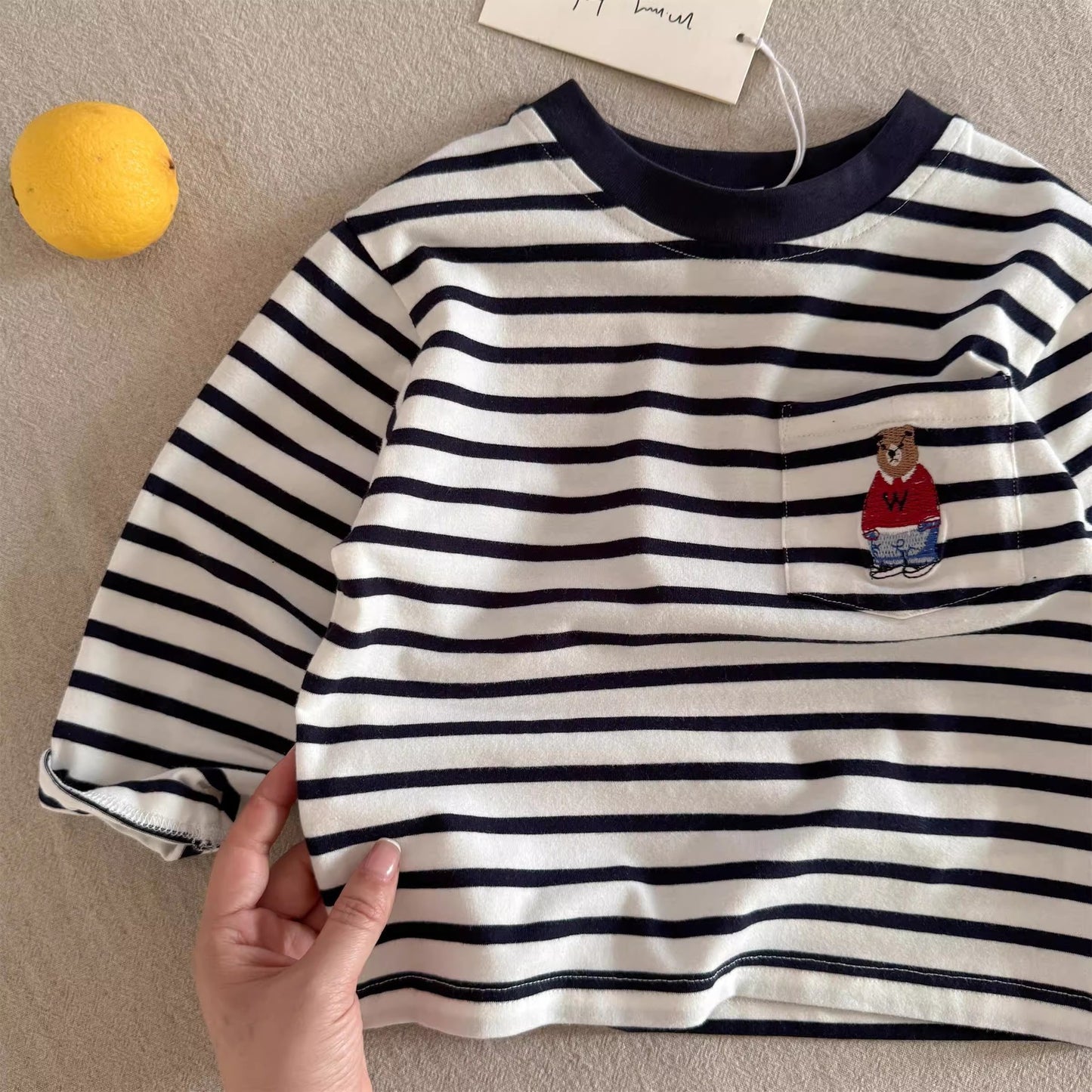 Sweet Little Chef Children's Long Sleeve T Autumn Boys' Japanese Style Bear Base Shirt Baby Toddler Striped Inner Layer Top