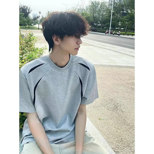 Gray Deconstructed Patchwork Design Short Sleeve Men's Summer Outfit Half Sleeve Top American Style Trendy Brand Regular Shoulder t T-shirt