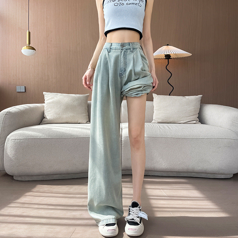 Light Color Tencel Wide Leg Jeans Women Summer Thin High Waist Draped Slimming Design Sense Ice Silk Straight Floor Length Pants