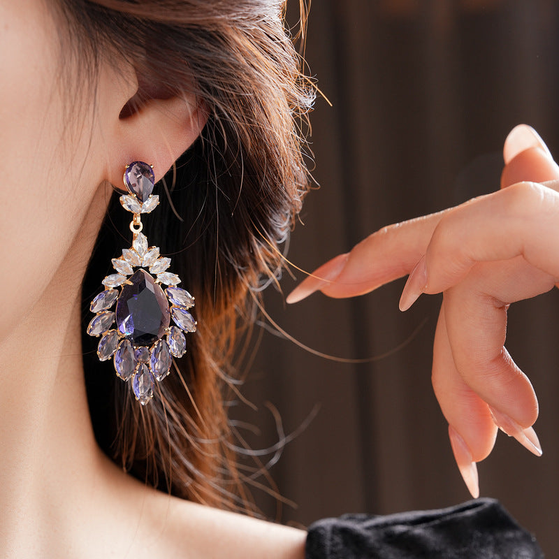 Medieval vintage Zircon Earrings Silver Needle Exaggerated Heavy Craft Flower Water Drop Studs Light Luxury High-end Feel Earrings for Women
