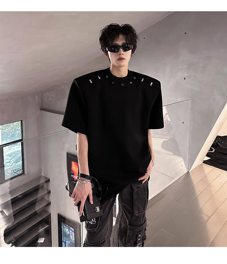 2025High-end Stylish Padded Shoulder Short Sleeve T Men's Summer Shirt with Unique Metal Decoration Design Heavyweight Top t T-shirt