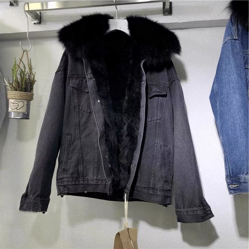 In-stock Short Cotton Jacket2025Winter Fleece-Lined New Cotton Jacket Loose Korean Style Denim Fur Collar Thickened Coat for Women