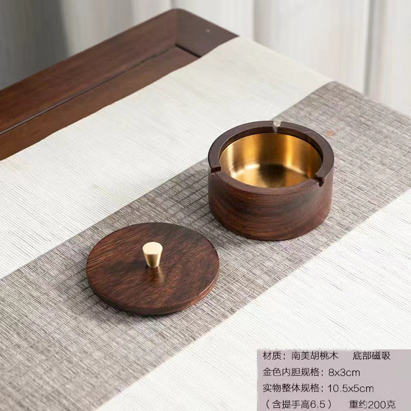 Walnut Ashtray for Home Living Room with Lid, Anti-Fly Ash, Stainless Steel Inner Liner, Creative Office Quality Ashtray