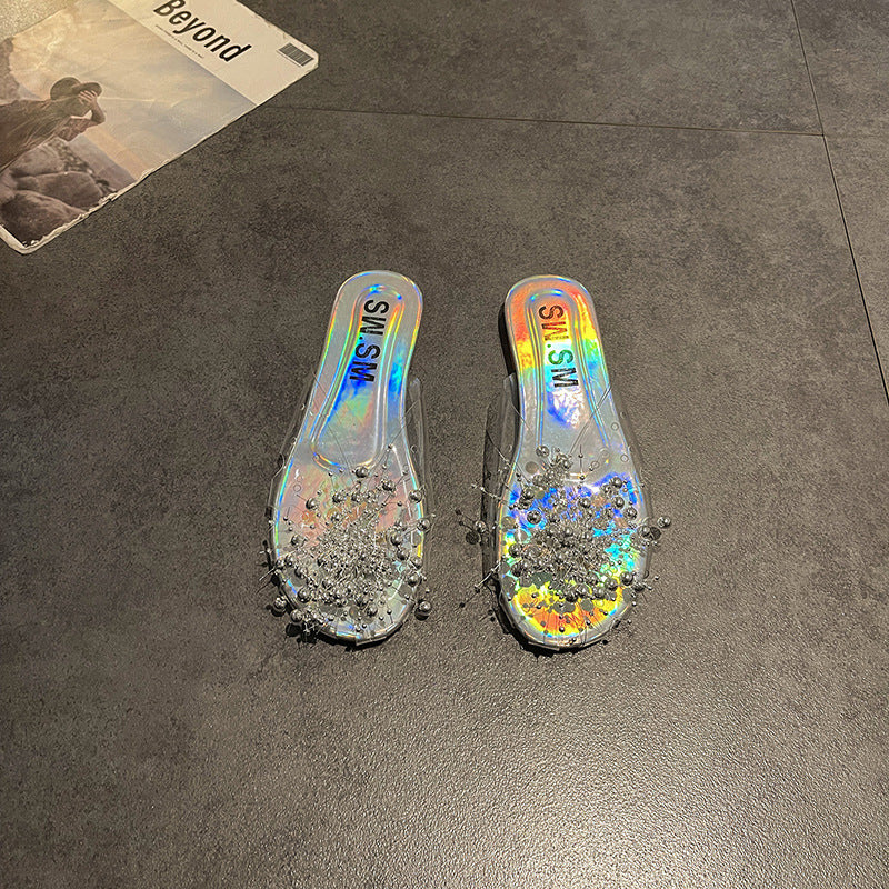 Sparkling Silver Transparent Beaded Closed-Toe Mules for Women2024Summer Internet Celebrity Super Popular Sandals Slippers