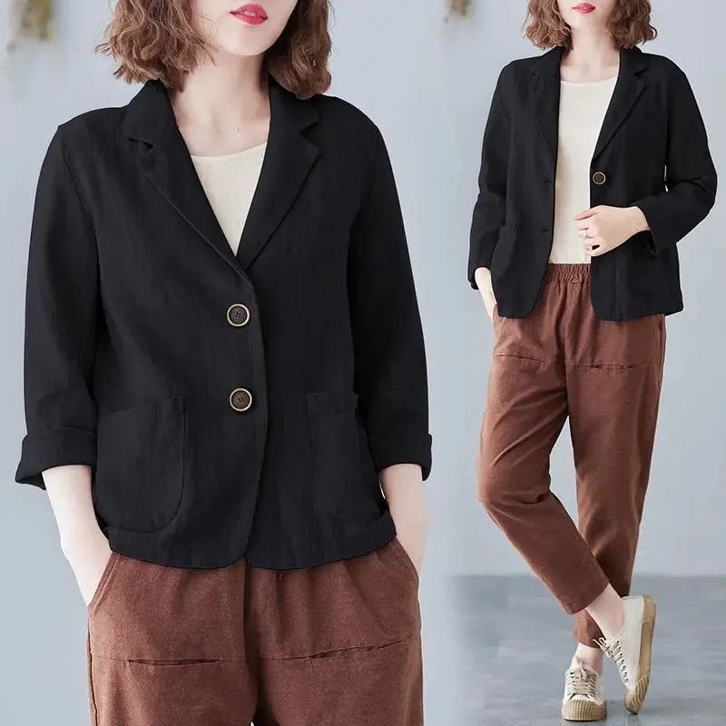 Cotton and Linen Blazer Small Suit2025Spring and Autumn New Loose Artistic Versatile Long Sleeve Casual Elegant Sun Protection Shirt for Women