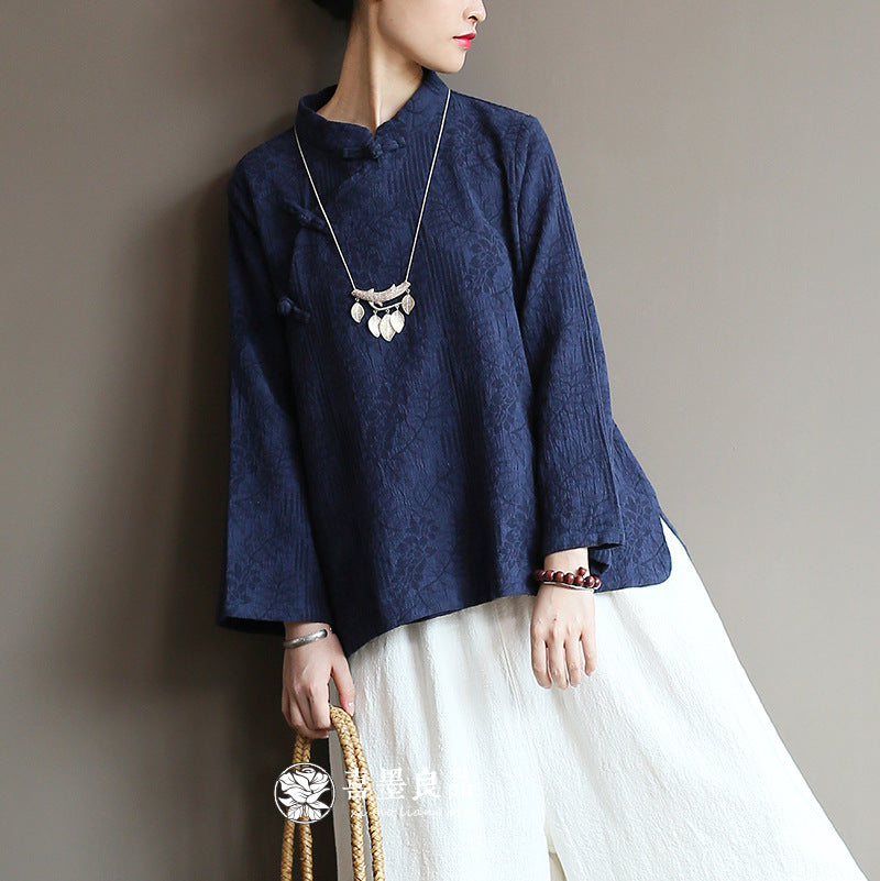 8813Xi Mo Women's Clothing Republic of China Retro Artistic Spring and Autumn New Double Layer Jacquard Button Shirt Chinese Style Short Top