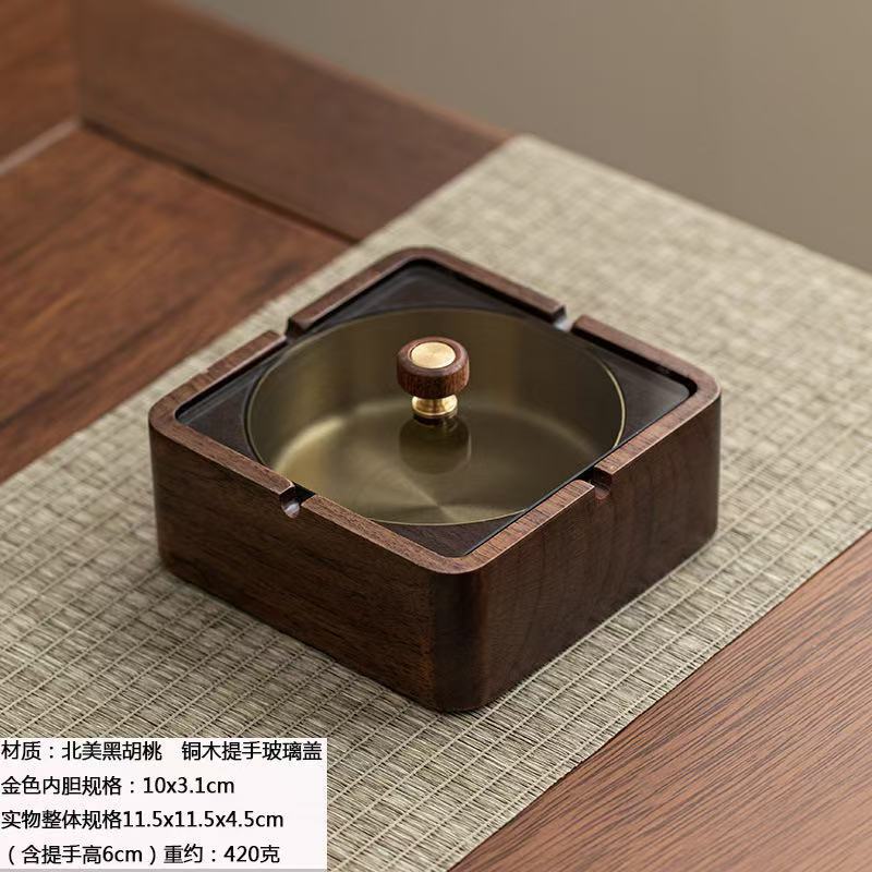 Walnut Ashtray for Home Living Room with Lid, Anti-Fly Ash, Stainless Steel Inner Liner, Creative Office Quality Ashtray