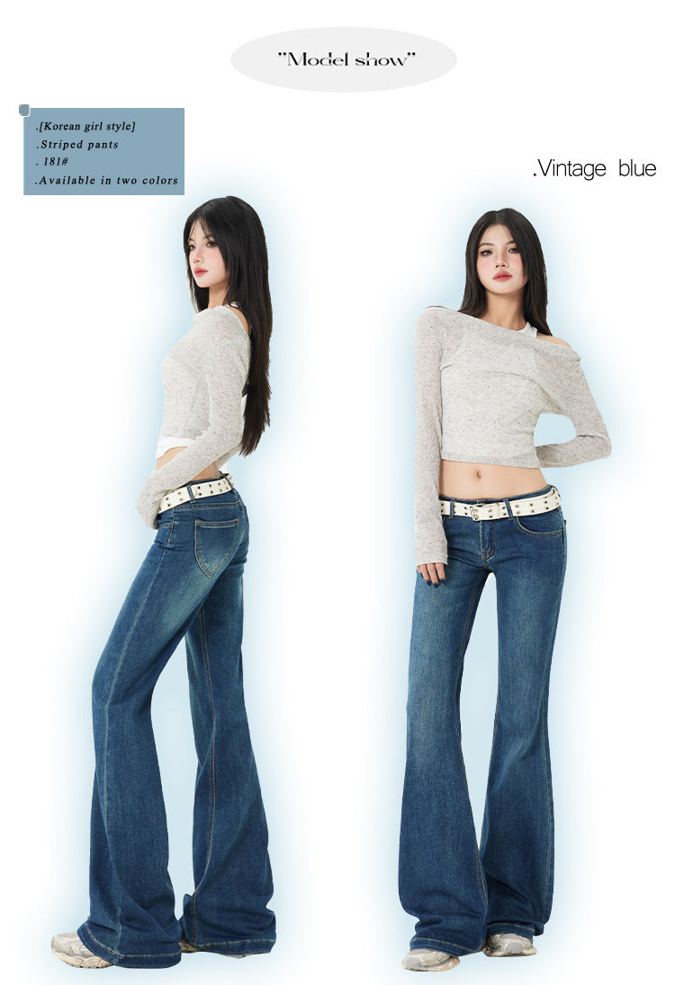 American Style Spicy Girl Retro Flared Jeans for Women Spring and Autumn2025New dark blue low-waist wide-leg floor-length pants