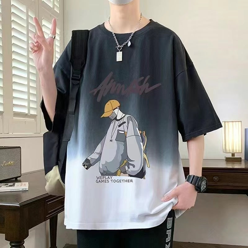 2025Summer New Men's Youth Casual Stylish Trendy Loose Short Sleeve T Shirt Gradient Color for Middle and High School Students