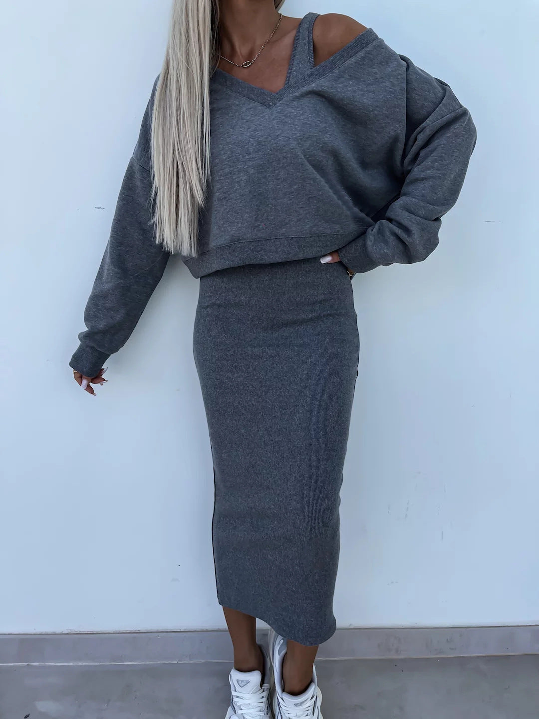 Amazon European and American Cross-Border New Spring Summer Women's Solid Color Clothing V Collar Long Sleeve Sweater Sling Slim Fit Long Dress2Set
