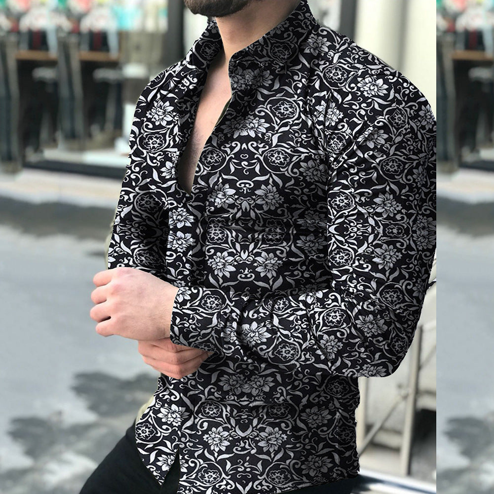 Spring and Autumn Long Sleeve Shirt Cross-Border European and American Printed Shirt Amazon Men's Casual Floral Shirt Slim Fit Shirt for Men