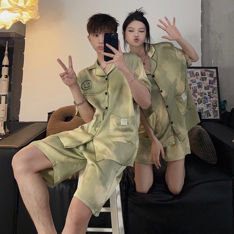 Wholesale Thin Couple Pajamas for Women Spring Autumn Summer Ice Silk Homewear Summer Men's Hot Short Sleeve Shorts Set