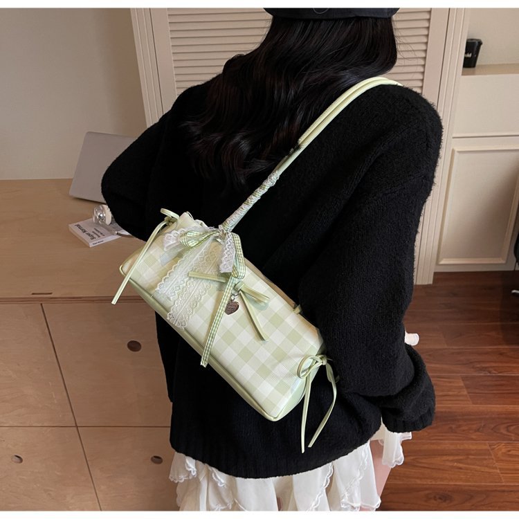 Dopamine Plaid Handbag Small Tote Bag for Women Summer2025New Ballet Style Bow Baguette Bag Underarm Bag Trendy