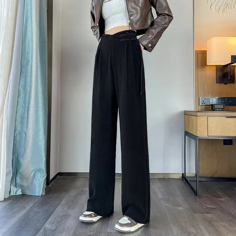 Maillard2025Autumn Winter New Chinese Style Buttoned Fleece Chenille Wide-Leg Pants for Women High Waist Draped Straight-Leg Casual Pants