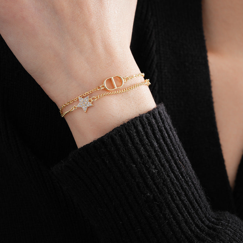 Zircon Star Pig Nose Double Layer Bracelet Niche Light Luxury High-end Versatile Fashion Commuting Vintage Jewelry