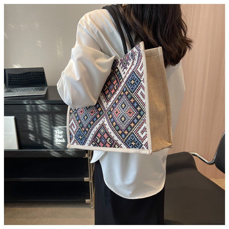 Large Capacity Commuter Bag Women2023New Fashion Single Shoulder Tote Bag Ethnic Style Student Handbag Class Bag Trendy