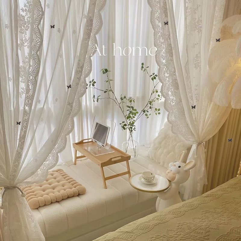 New Cream Style Curtains Cozy Bedroom Blackout Lace Double Layer Fabric Sheer Integrated Bay Window Floor-to-Ceiling Thickened High-End