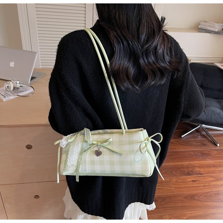 Dopamine Plaid Handbag Small Tote Bag for Women Summer2025New Ballet Style Bow Baguette Bag Underarm Bag Trendy