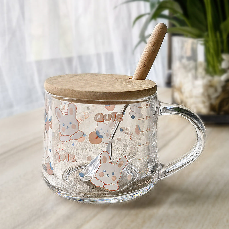 ins Glass Cup with Straw Milk Breakfast Cup Cute Cartoon Graduated Cup with Lid Spoon Gift Customization logo
