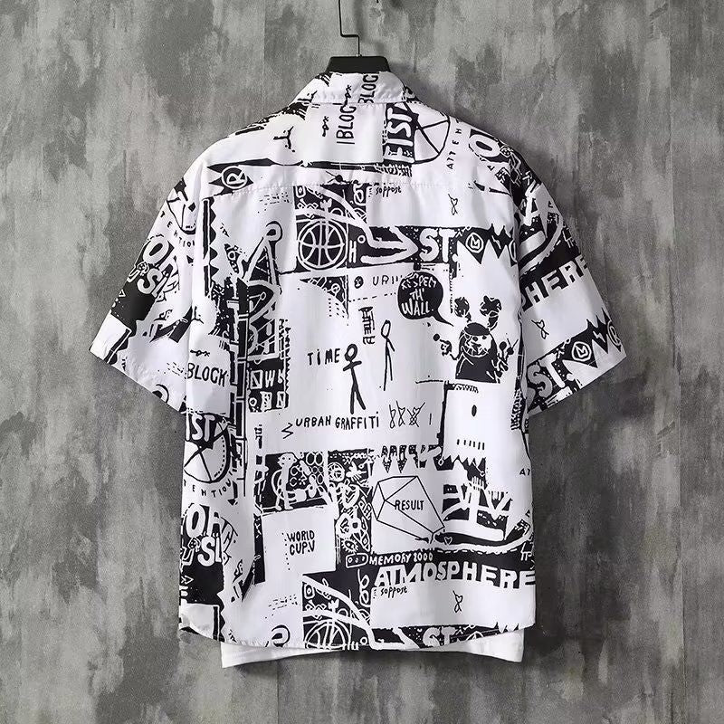 Japanese Retro Print Short Sleeve Shirt Men Letter Shirt Loose Casual Versatile Thin Short Sleeve Shirt