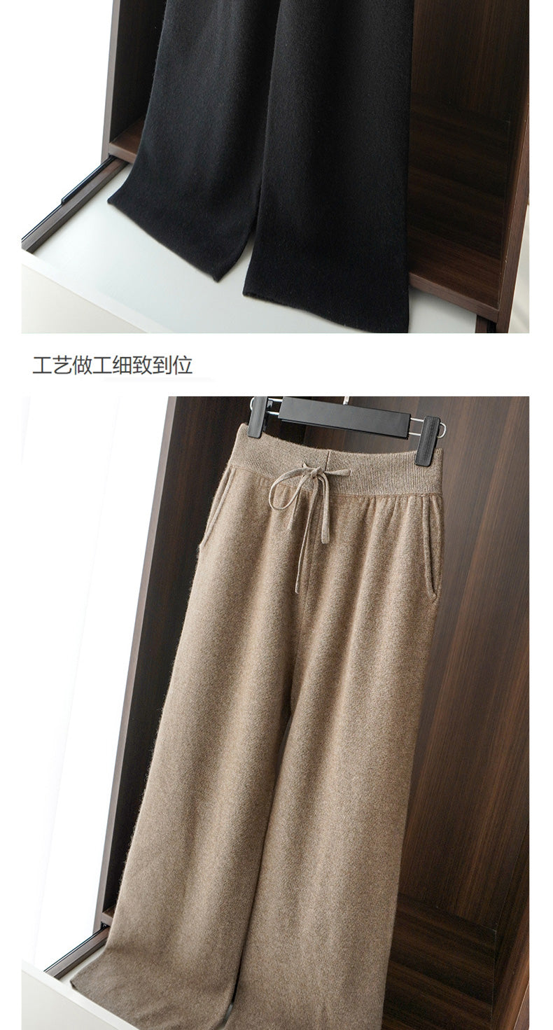Autumn Winter Thickened Knitted Full Wool Wide-Leg Pants for Women Casual Cashmere High-Waist Draped Loose Straight-Leg Floor-Length Pants